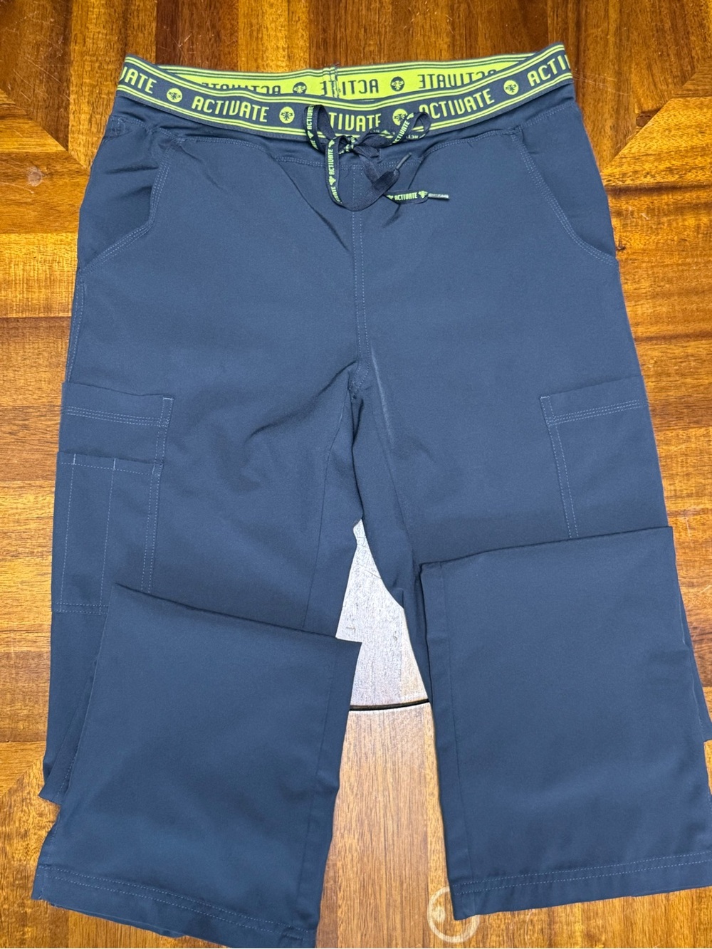 Med Couture grey Boot Cut Activate Waist Cargo Pants with Yellow-Green Trim. Med